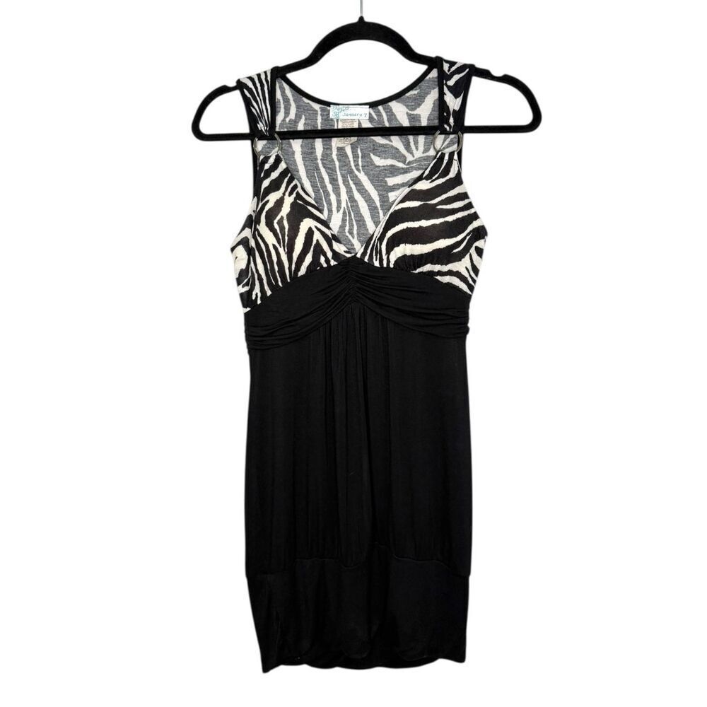 Vintage‎ January 7 Women’s Large Zebra Print Mini Dress Black Stretch V-Neck Y2K